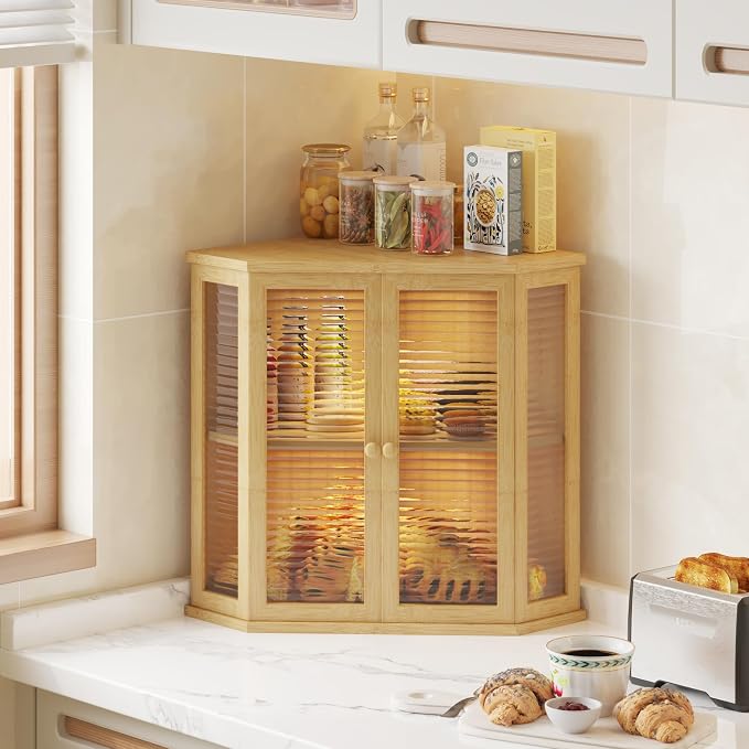 Corner bread box Bread Box for Kitchen Countertop - Corner Bread Storage Box 16.5" H, Premium Wood with Glass Door, Perfect for Homemade Bread, Baguettes & Pastries (Baoboo wood) - Image 8
