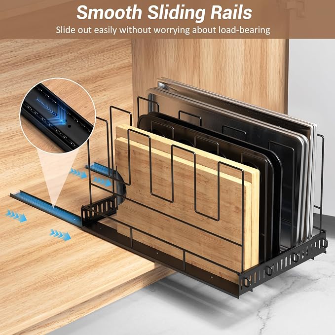 Housolution Pull Out Baking Tray and Cookie Sheet Cutting Board Organizer | 21.5" Deep & 12" Wide, 4 Adjustable Dividers, Sliding Rail Design, Sturdy Metal Structure, Adhesive/Screw Fixing - Image 3