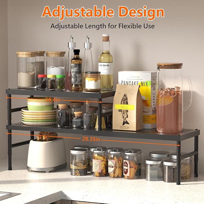 2 Pack Expandable adjustable stackable kitchen cabinet organizer,spice rack | Counter Shelf for Cabinets,Small Cupboard Organizers,Heavy Duty Metal Pantry Storage Shelves Racks for kitchen,bathroom - Image 2