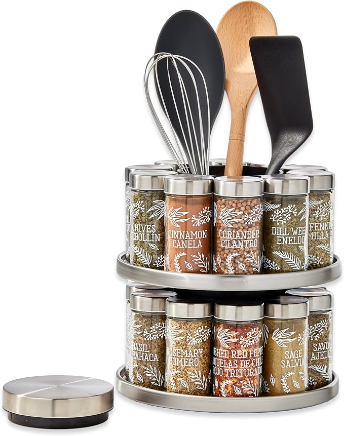 Kamenstein Salem 20-Jar Rotating Spice Rack with Spices Included, Stainless Steel Countertop Organizer with Sifter Caps and Tool Caddy, Spice Set for Kitchen Organization - Image 3