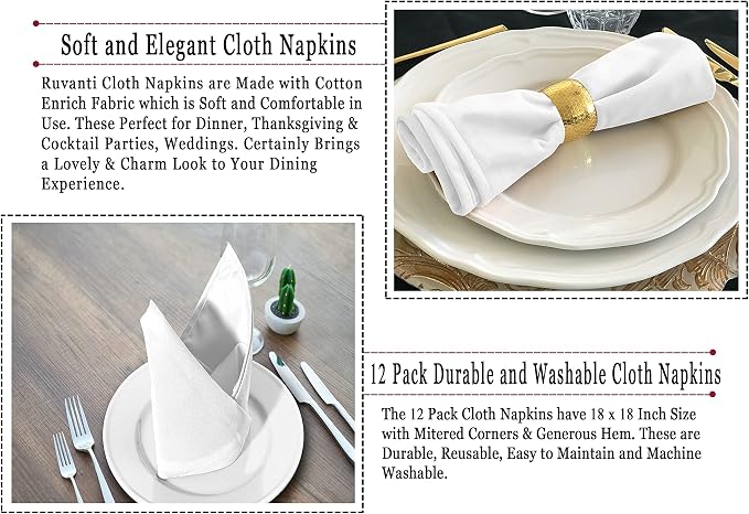 Ruvanti Cloth Napkins set of 12, 18x18 Inches Napkins Cloth Washable, Soft, Durable, Absorbent, Cotton Blend. Table Dinner Napkins Cloth for Hotel, Lunch, Restaurant, Weddings, Events, Parties - White - Image 5