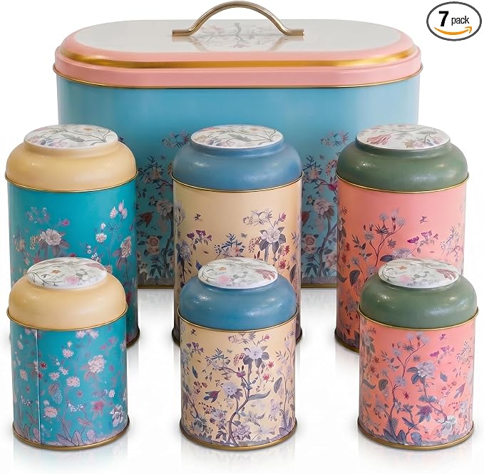 MARIA ROMA 7 Pcs Bread Box Set for Kitchen Countertop and Canisters Sets for the Kitchen Ideal for Bread Basket Sugar Container Coffee Canister Tea Tin Breadbox Vintage and Rustic Model by MARIAROMA