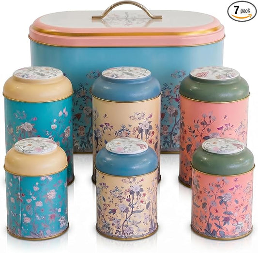 MARIA ROMA 7 Pcs Bread Box Set for Kitchen Countertop and Canisters Sets for the Kitchen Ideal for Bread Basket Sugar Container Coffee Canister Tea Tin Breadbox Vintage and Rustic Model by MARIAROMA