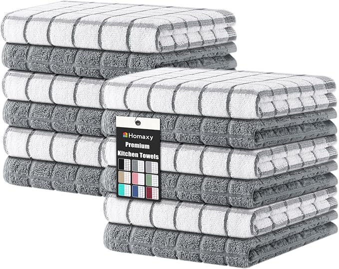 Homaxy Premium Cotton Kitchen Dish Cloths 12"x 12", 12 Pack, Grey | Natural Ring Spun 390 GSM Dish Rags, Super Absorbent Terry Dish Towels, Soft Dishcloths with Hanging Loop by Homaxy