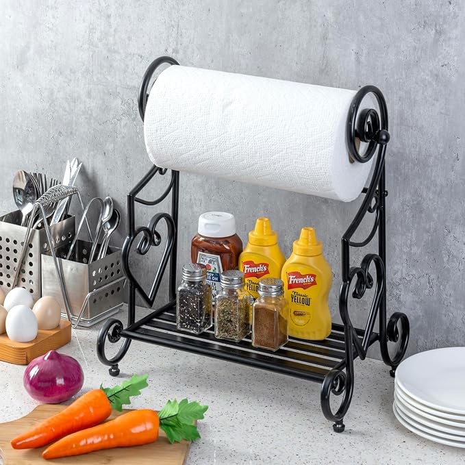MyGift Gothic Paper Towel Holder Heart Scroll Metal Paper Towel Holder Stand with Slatted Condiment Shelf Rack, Black Decorative Kitchen Decor Accessories - Image 2
