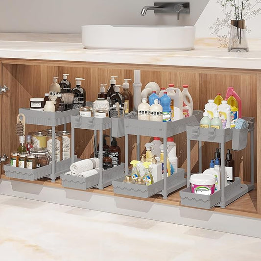 4-Pack 2-Tier Under Sink Organizer with Pull Out Drawers | Multi-use kitchen & bathroom storage. Includes hanging hooks and cups. Gray, space-saving cabinet design. 14.8 Inch by Sevenblue