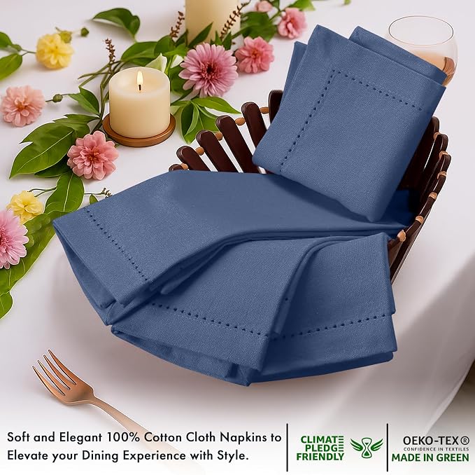 Ruvanti Cloth Napkins Set of 12, 100% Cotton High GSM 18x18 Inches, Hem Stitched Corners, Soft, Washable, Highly Durable & Absorbent, Perfect for Parties, Christmas, Thanksgiving Dinners – Bijou Blue - Image 4