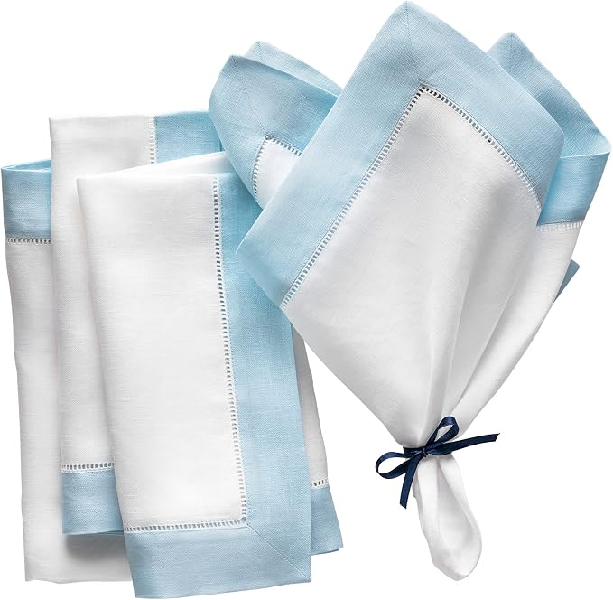 Linen Napkins 20 x 20 inch - 100% Flax Linen White and Light Blue Dinner Napkins Cloth Set of 4 - Classic Hemstitch Dinner Napkin for Spring and Easter Decor by OlucioAuthentiqueHome