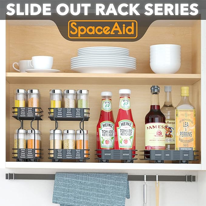 SpaceAid Pull Out Spice Rack Organizer for Cabinet, Heavy Duty Slide Out Seasoning Kitchen Organizer, Cabinet Organizer, with Labels, 4.5" W x10.75 D x8.5 H, 1 Drawer 2-Tier - Image 4