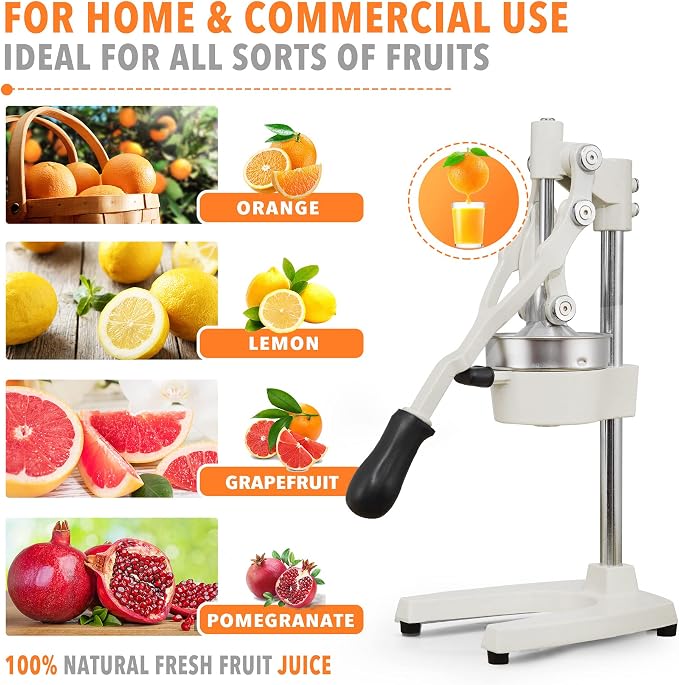 19 Inch Height Extra Tall Commercial Heavy Duty Cast Iron Hand Press Manual Orange Citrus Lemon Lime Grapefruit Pomegranate Fruit Juice Squeezer Machine with Stainless Steel Cup White - Image 4