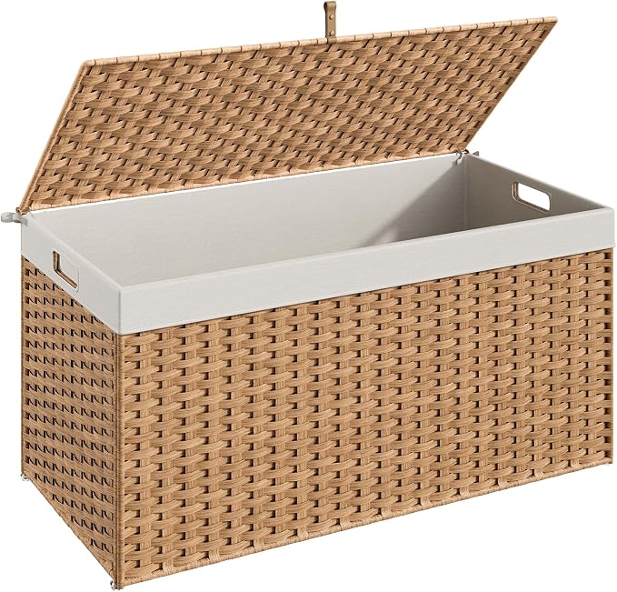 HOOBRO Storage Basket with Lid, 52.8 Gallon (200L) Wicker Basket, Handwoven Blanket Storage Basket with Handles, Metal Frame and Soft Lining, Foldable for Bedroom, Laundry Room, Natural NL220CW01 by HOOBRO