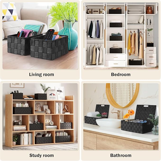 Storage Baskets with Lids: 5 Pack Stackable Woven Storage Bins, Black | Decorative Woven Baskets for Organizing with Built-In Handles for Shelves, Closets, Cabinets and Cubbies, Gift Small Basket - Image 6