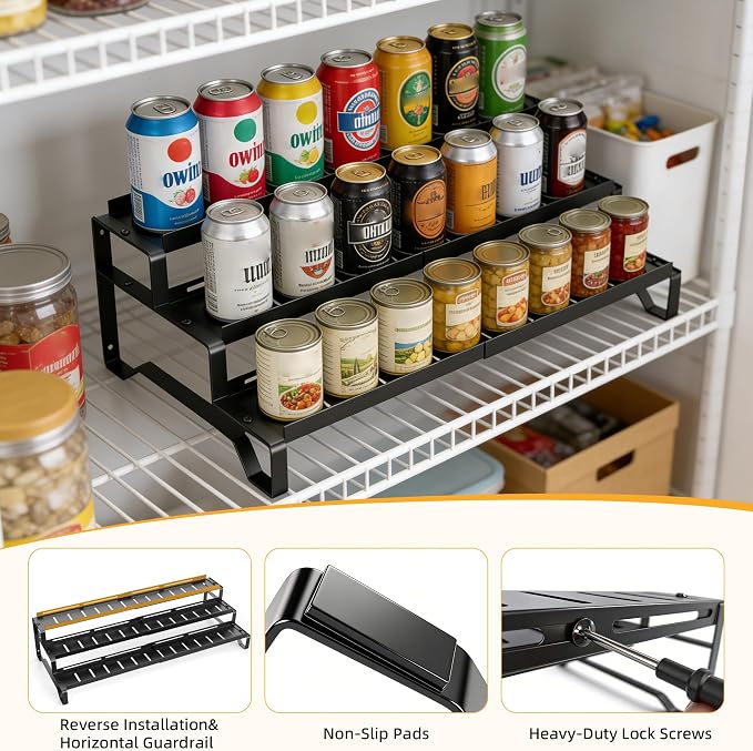 Expandable Can Organizer for Pantry, 3 Tier Metal Canned Food Storage | 13"-21" Adjustable Length, Tiered Reversible Shelf Design, Large-Capacity Storage for Pantry Kitchen Cabinets & Countertops - Image 6