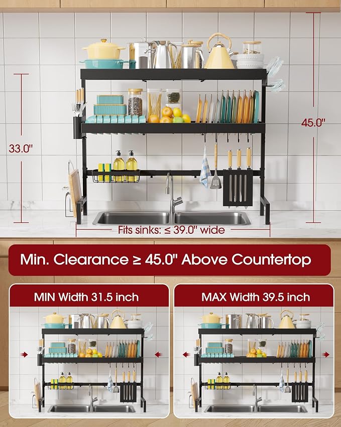 Sakugi 3-Tier Dish Drying Rack Over The Sink, Expandable for Counter | Rustproof Stainless Steel Kitchen Storage Organizer, Space-Saving 31.5"–39.5"Lx12"Wx33"H, Black - Image 3