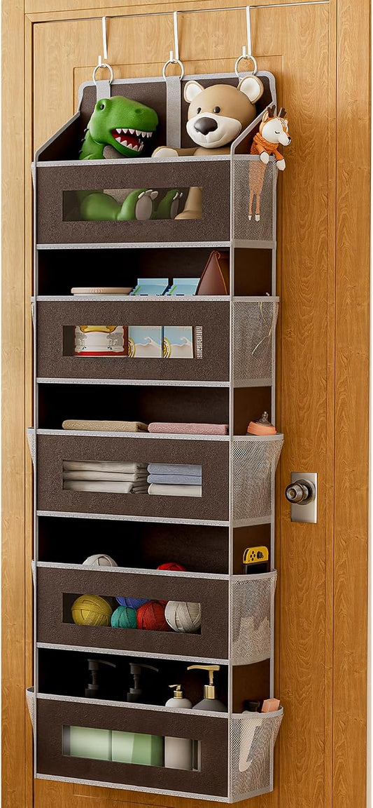 5 Tier Over The Door Organizer - Large Capacity Behind Door Hanging Shelves with 10 Mesh Pockets and Clear Windows, Closet Organizers and Storage for Bathroom, Bedroom, Nursery, Brown by Unknown