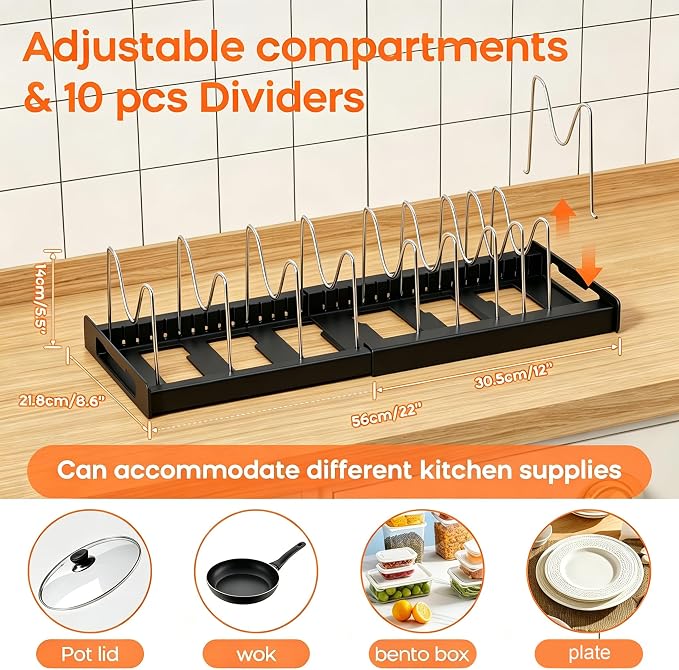 Nigelia 2 Pack Pots and Pans Organizer for Under Cabinet, 22" Expandable Food Storage Container Lid Organizers with 10 Adjustable Dividers Pot Lid Holders Rack Inside Cabinet&Kitchen Countertop(Black) - Image 2