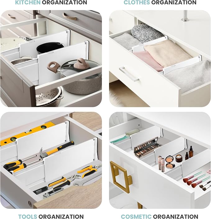 RAPTUROUS Adjustable Drawer Dividers, 8" Tall, Expandable 13.35-22", 4-Pack, Non-Slip for Deep Drawers in Kitchen, Bedroom, and Closet (White) - Image 6