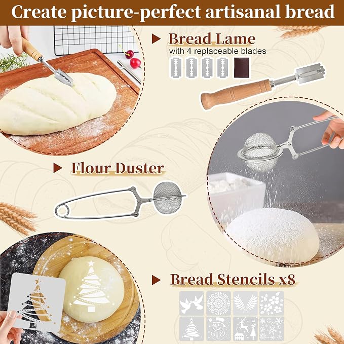Banneton Bread Proofing Basket Set, 9" Round & 10" Oval Sourdough Bread Baking Supplies, Sourdough Starter Kit, Bread Making Tools Gift Set for Beginner Professional Bakers - Image 8