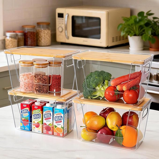 4 Set Pantry Organizers and Storage with Bamboo Lids, Stackable Clear Bins for Onion, Potato, Fruit, Vegetables, Trash Bag Dispenser, Kitchen and Under Sink Organizer - Image 2