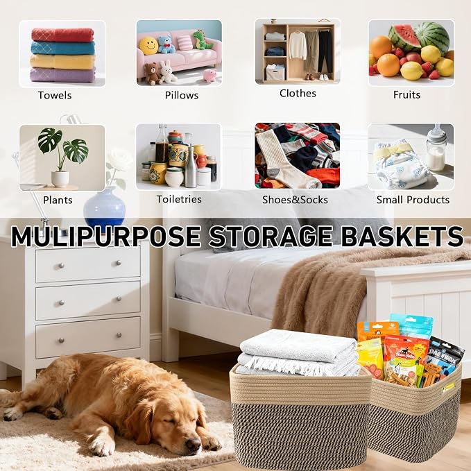 3 Pack Woven Baskets,Storage Baskets for Shelves with Handles | 13.5"×11"×9.5", Closet Baskets, Nursery Organizer for Toys Towels Books, Storage Bin for Living Room Bedroom (Jute & Black) - Image 5