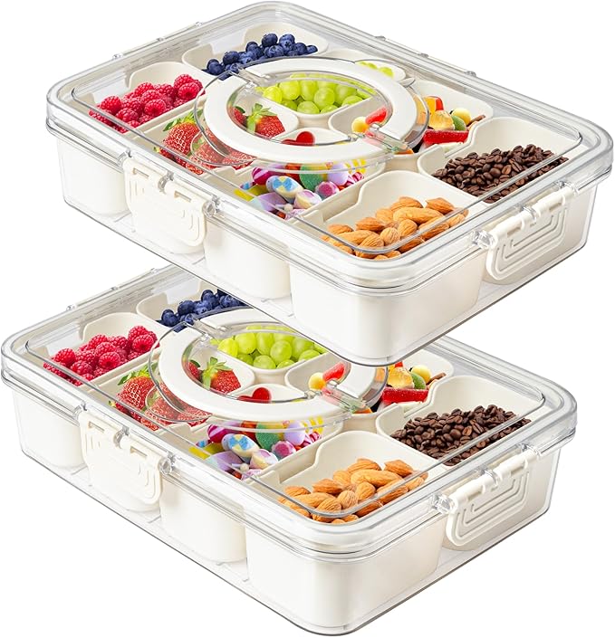 2Pack Snackle Box with Handle for Food Serving Tray Snack Platter with Lids Stackable Fruit&Veggie Container with 8 Small Removable Boxes for Snack Charcuterie Candy Nuts Spice by MineSign