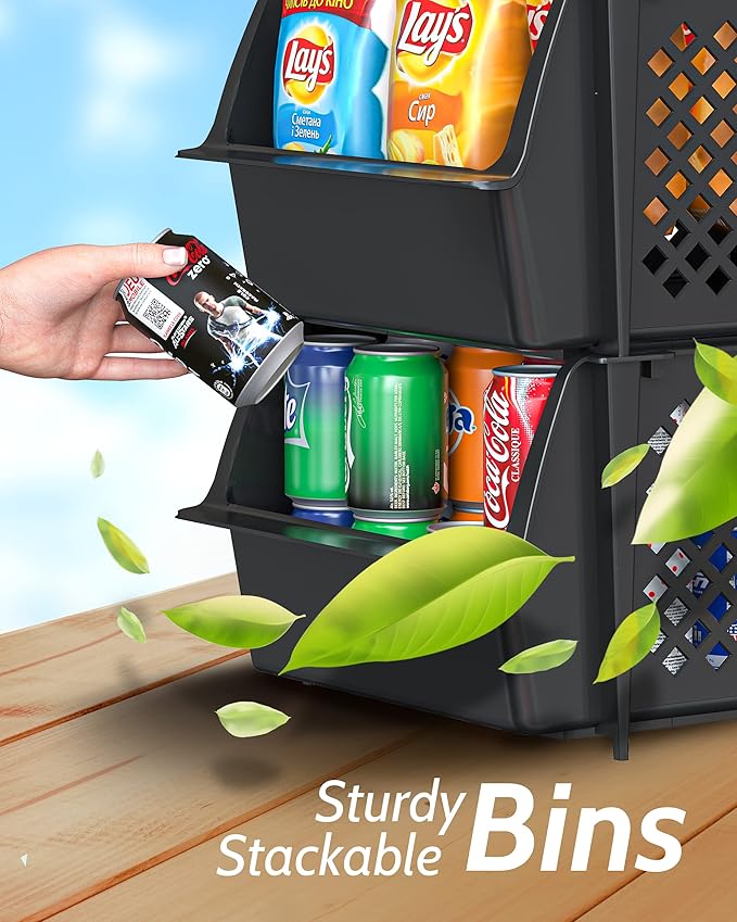 Skywin Stackable Storage Bins Open Front for Pantry Storage, 4 Pack - Black | Sturdy Plastic, Easy Stacking, Open Front Access, Ventilated Sides, Vertical & Space Saving Pantry Organizers and Storage Bin - Image 6