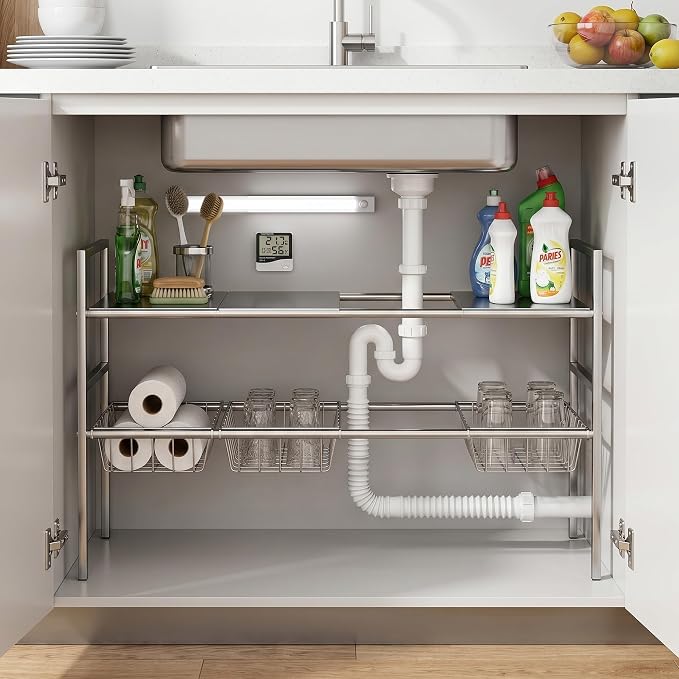 Under-Sink Organizer 2-Tier Expandable Cabinet Storage (4 panels 4 baskets) | LED Motion-Sensing Auxiliary Lighting Dial Thermometer Stainless Steel Telescopic & Adjustable Rust-Resistant - Image 8