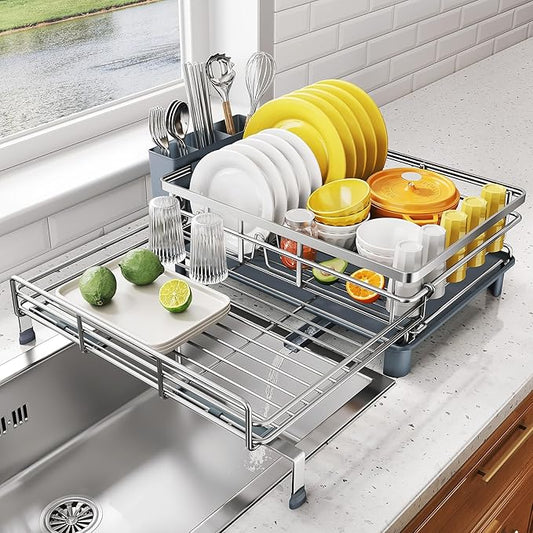 Expandable Dish Drying Rack for Kitchen Counter, Stainless Steel, Silver | Foldable Over Sink, Large Capacity, Adjust to Fit Most Sinks, Angled Drainboard, Removable Utensil Holder, Slip Resistant by SNTD