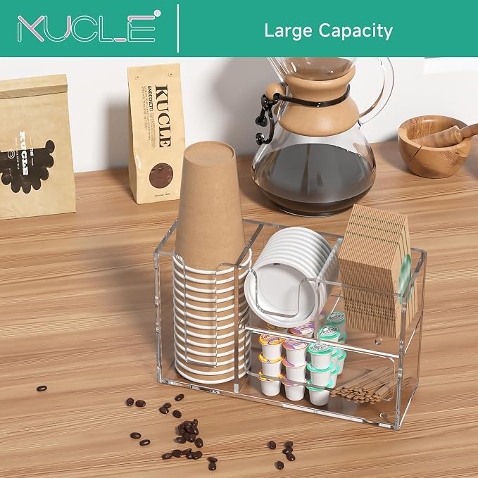 2-Tier Coffee Station Organizer for Countertop, 4 Compartments Clear Acrylic Cup and Lid Holder Tea Condiment Storage Upright Coffee Bar Organizer Pod Dispenser for Office Breakroom Home Kitchen - Image 7