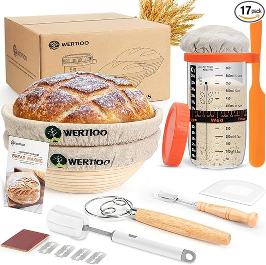 Sourdough Bread Baking Supplies, Sourdough Starter Kit, 2 9 Inch Round Banneton Bread Proofing Basket with 24 Oz Glass Jar, Sour Dough Tools with Danish Dough Whisk & Scraper by WERTIOO