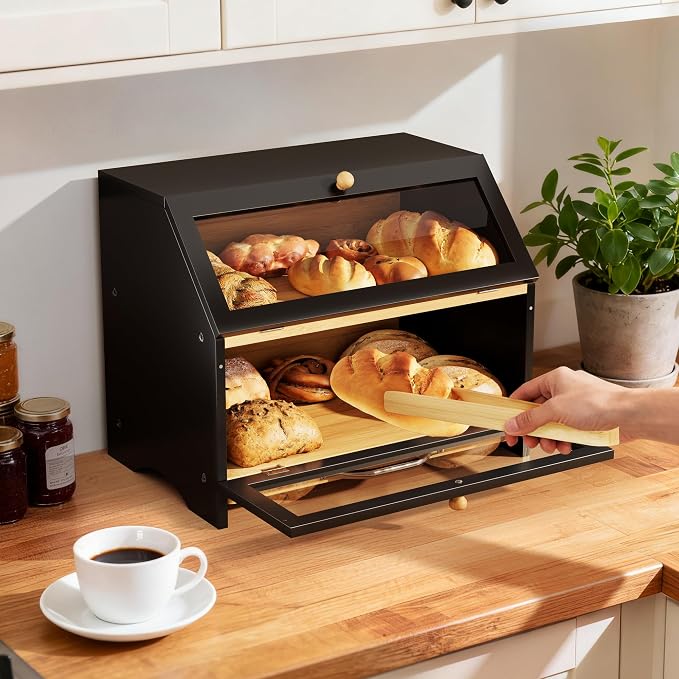 MAISONPEX Double Layer Bamboo Bread Box for Kitchen Countertop, Large Capacity, Cutting Board, Stainless Steel Bread Knife, Double Layer Storage Container with Clear Windows, Black - Image 5