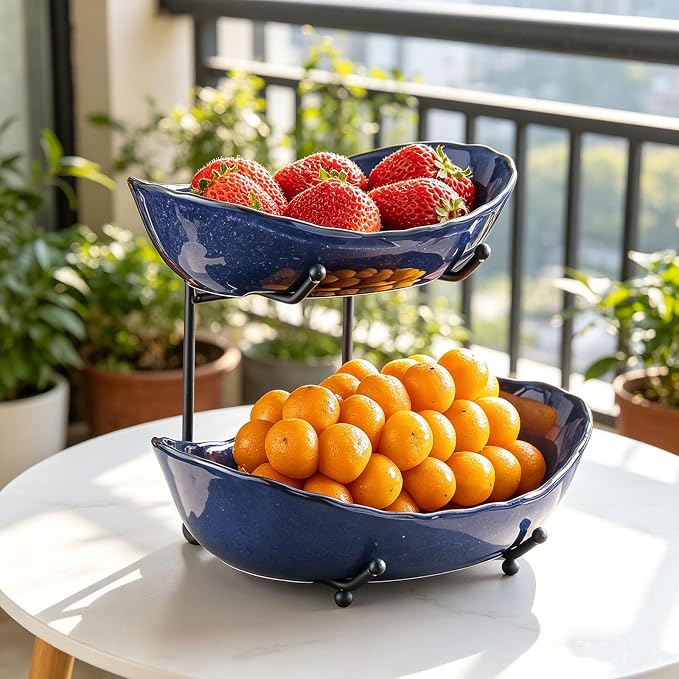 2-Tier Fruit Bowls for Kitchen Counter,Dark Blue Ceramic Bowl with Black Metal Stand,2 Tier Fruit Basket for Fruit,Snack,Cake,Nuts,Dessert Storage - Image 5