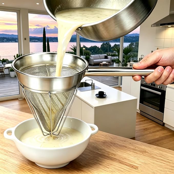 10-Inch Stainless Steel Fine Mesh Chinois Strainer | Large Strainer Reinforced Bouillon Strainer for Sauces, Soups, Purees, Pastes, Jelly, Custard, Curds and etc. - Image 8