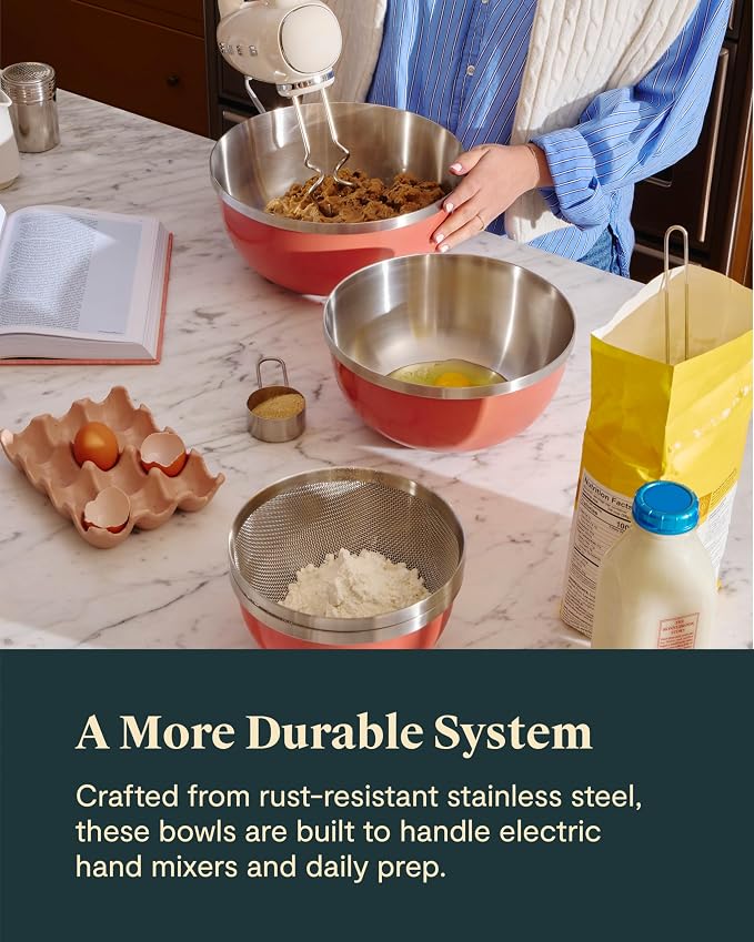 Caraway 6-Piece Stainless Steel Mixing Bowl Set with Glass Lids | 6 qt, 4 qt, 2 qt Kitchen Bowls with Tempered Glass Lids, Non-Toxic, PFAS-Free, Perracotta - Image 4