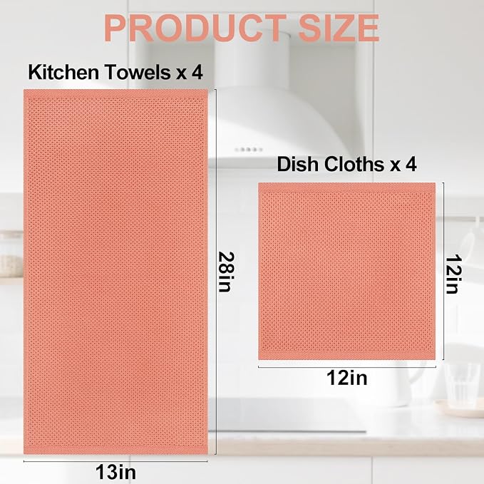 Homaxy 8 Pack 100% Cotton Kitchen Towels and Dishcloths Set, Coral | 12 x 12 Inches and 13 x 28 Inches Kitchen Towels Set, Ultra Soft Absorbent Dish Cloths for Washing Dishes - Image 4