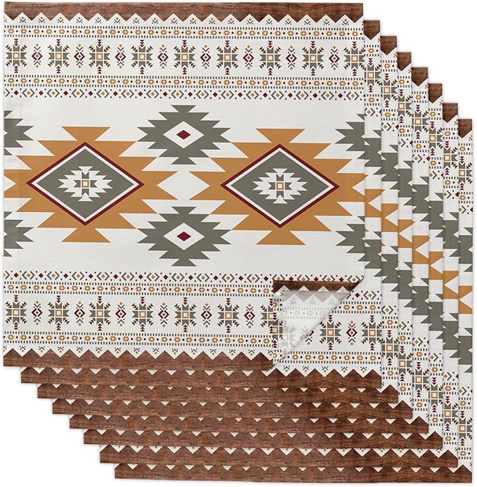 Southwest America Cloth Napkins Set of 8, Boho Ethnic Geometric Tribal Pattern Retro Wood Dinner Napkins Cloth Washable, Cocktail Napkins Reusable for Wedding, Party, Birthday (20"x20") by Unknown