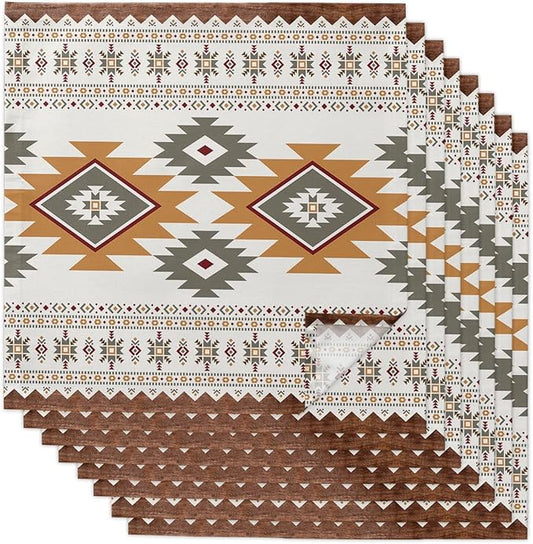 Southwest America Cloth Napkins Set of 8, Boho Ethnic Geometric Tribal Pattern Retro Wood Dinner Napkins Cloth Washable, Cocktail Napkins Reusable for Wedding, Party, Birthday (20"x20") by Unknown