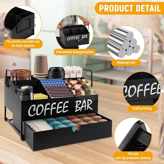 Coffee Bar Accessories Organizer - Metal Countertop Coffee Station with Drawer, Pod Holder & Condiment Organizer (Black) ﻿ - Image 2