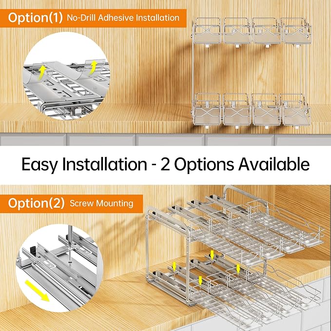 Pull Out Spice Rack,2 Tier Sliding Drawer, Height Adjustable Spice Rack | Chrome, Tape or Screw Mount Available, Fits 4oz Spice Jars Up to 2.0 Inch Diameter for Kitchen Cabinets and Pantry - Image 7