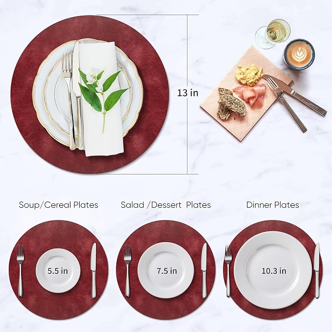 ADRIMER Placemats, Heat Resistant Round Placemats Set of 12 Washable, Waterproof Table Mats, Wipeable Faux Leather Place Mats for Kitchen, Dining Room, Wine Red - Image 3