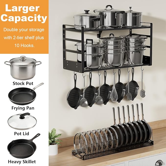 Pot Rack, 31 Inch Wall Mounted 2-Tier Pots & Pans Organizer with 20 Hooks | 14 Removable Slots & Pot Lid Holder, Heavy Duty Steel Pot and Pan Hanger for Kitchen Cookware & Utensil Storage - Image 3