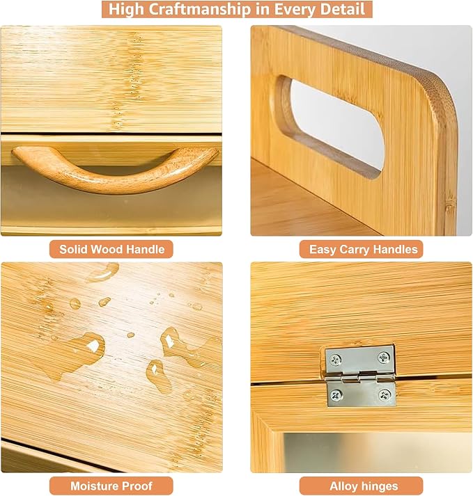 BAMBANG Extra Large Bread Box, Bread Box for Homemade Bread, Bamboo Wooden Bread Storage Container with Tool Holder & Handles & Window, Assembly Required(14.9" x 9.8" x 9.4") Natural - Image 7