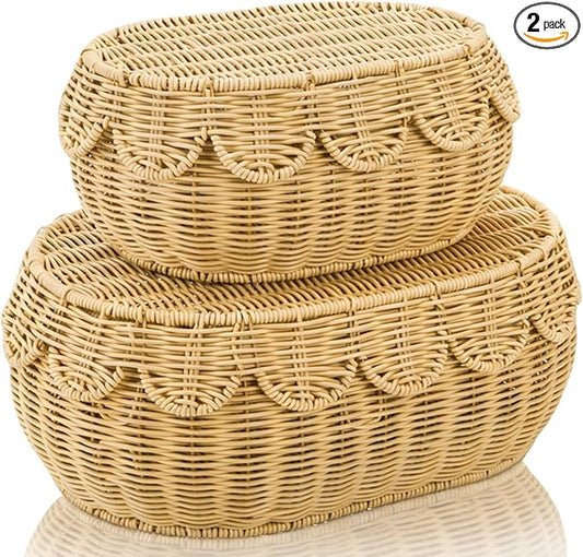 Tebery Set of 2 Wicker Storage Baskets with Lid, Hand Woven Scalloped Basket Boxes for Shelf, Sturdy Rattan Storage Bin Organizer for Home Decoration, Display by Tebery