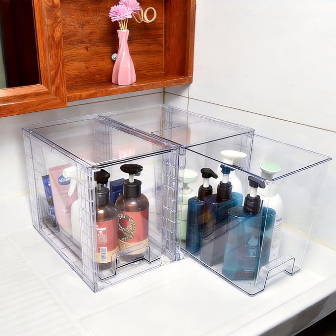 High Clear Stackable Storage Drawers(2 Pack), High-strength Plastic Organizer Bins with Handles for Skincare Bathroom Cabinet Vanity Undersink Kitchen Pantry BPA-Free Storage Containers - Image 6
