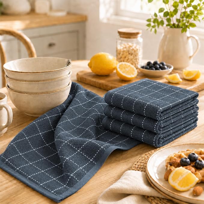 Kitinjoy 100% Cotton Terry Kitchen Towels, 13”x 28”, 8-Pack, Dark Grey | Checkered Designed, Ultra Soft Absorbent Quick Drying Dish Towels - Image 3