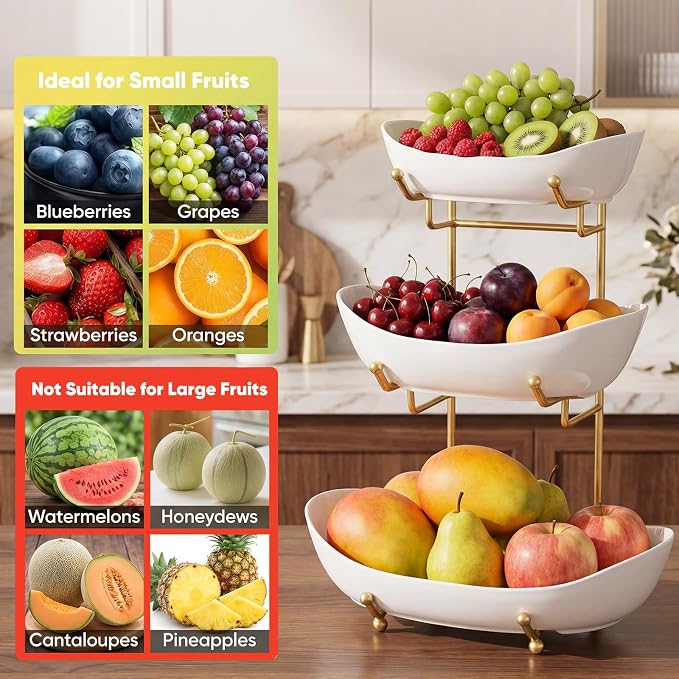 GIRAVO 3 Tier Ceramic Fruit Bowl with Metal Stand, Tiered Countertop Fruit Basket, Serving Tray Stand for Kitchen Counter, Fruit & Vegetable Storage, White Bowls with Gold Rack - Image 7
