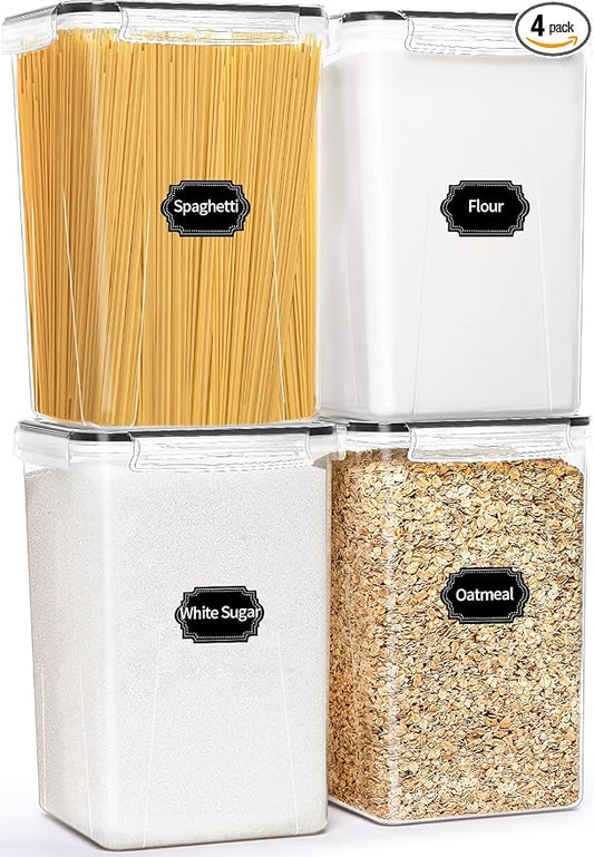 HKJ Chef 4 Pack Extra Large Airtight Food Storage Containers with Lids (6.5L / 220 oz), BPA Free Plastic Kitchen and Pantry Organization Contianers for Cereal Flour and Sugar Storage, Labels & Marker by HKJ+Chef