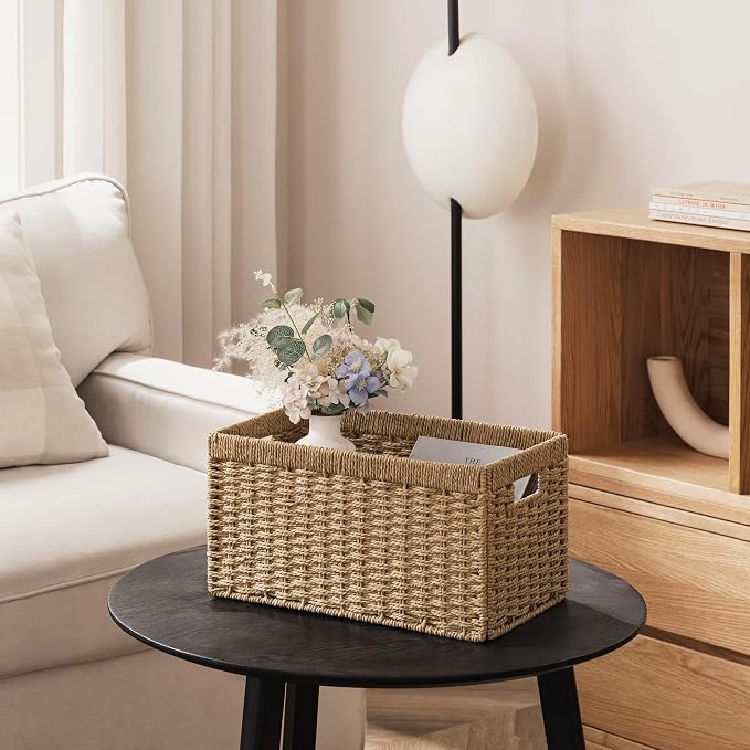 UBBCARE 2 Pack Wicker Basket, 13.4L×8.3H×7.1W inch Woven Paper Rope Storage Baskets for Shelves, Foldable Rectangular Storage Baskets with Handle, Storage Basket for Organizing, Natural - Image 6