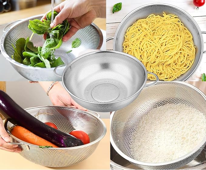 Mixing Bowls, Set of 3, Stainless Steel Bowl, Salad Bowl Set, Gourmet Bowl Set with Strainer and Grater Attachments, Serving Bowls, Snack Bowls and Bowls, Size 2.5 L, 2 L, 0.7 L, Stackable and - Image 3