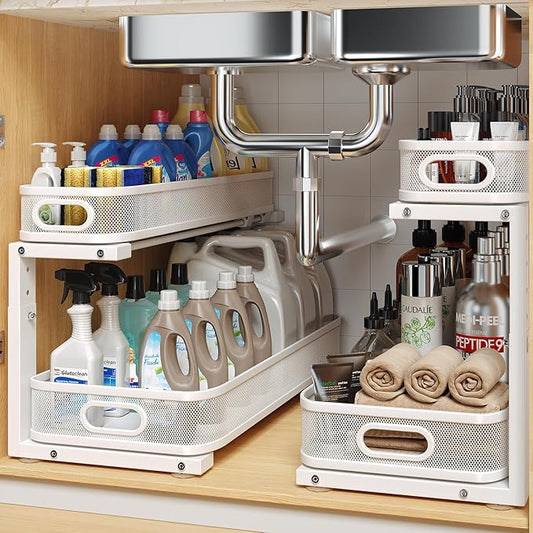 2 Pack 21.3IN-Depth Under Sink Organizer with Smooth Cylindrical Rail,2-Tier Pull Out Multi-Purpose Cabinet Storage for Bathroom&Kitchen,Height Adjustable,Rust-Resistant Coating-White by UnderSinkOrganizer